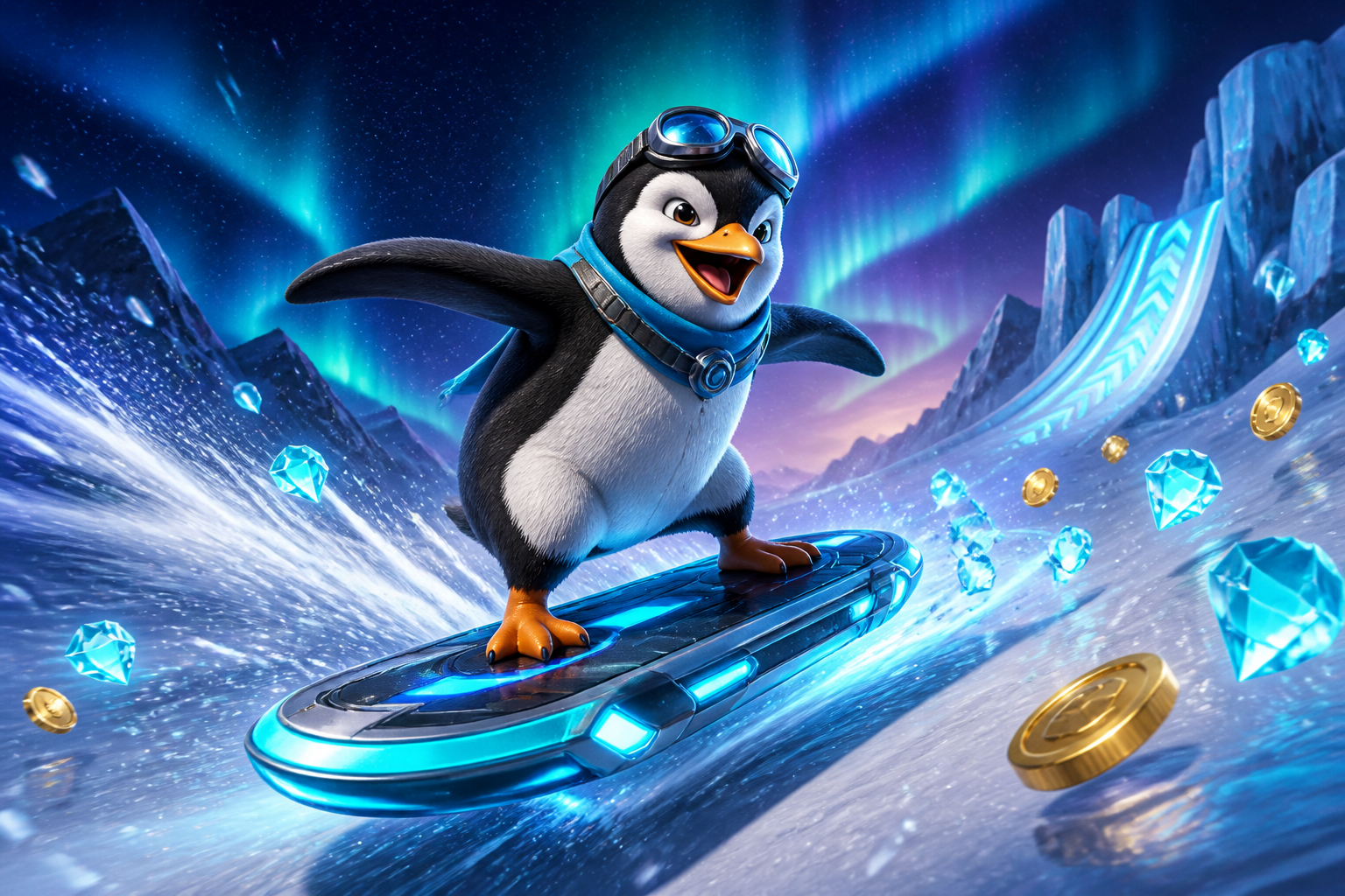 Pinguim surfando na pista de gelo sob a aurora polar